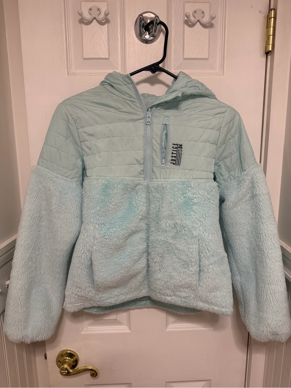 Justice Light Aqua Hooded Sherpa Quilted Puffer Jacket